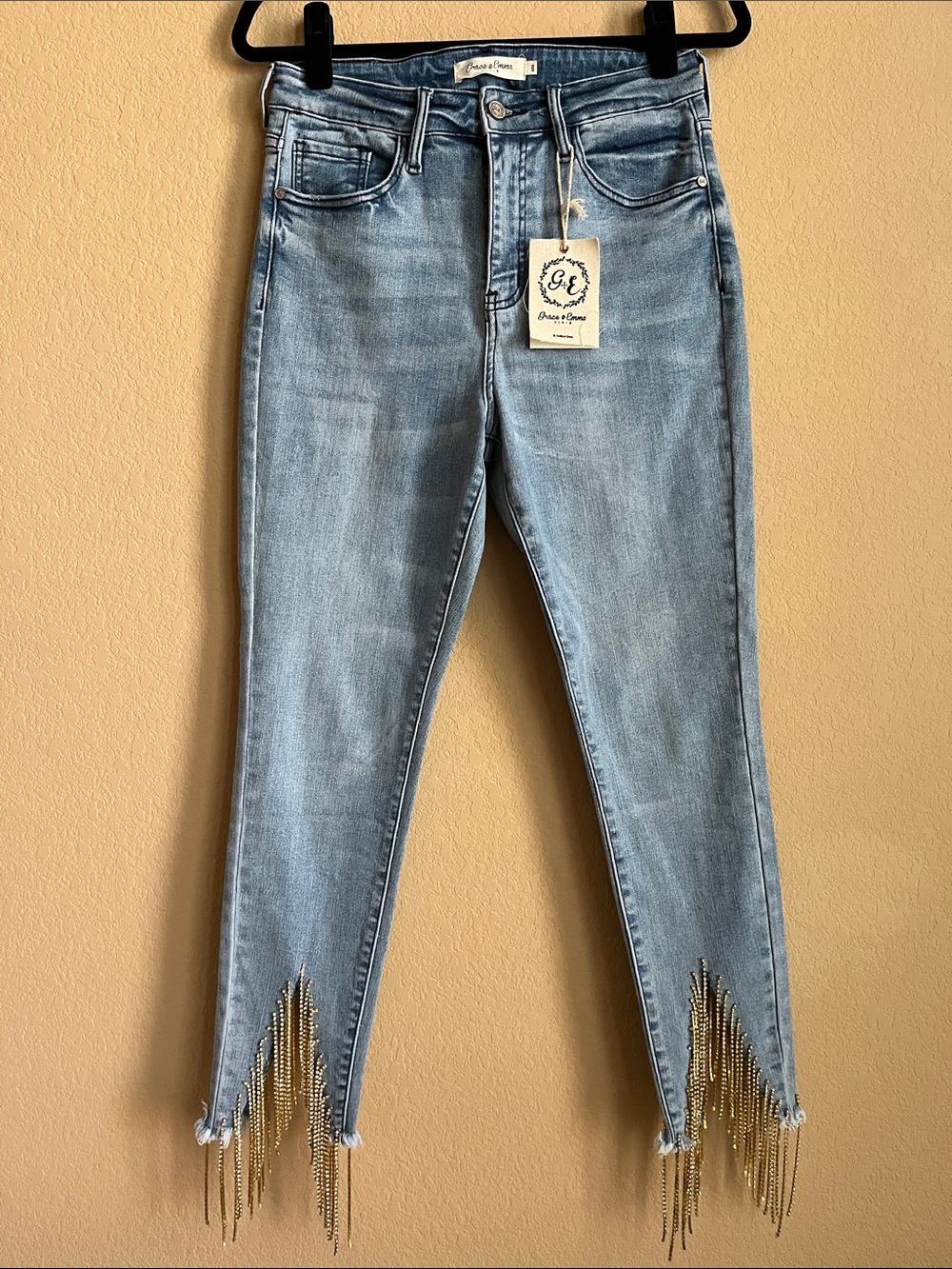 Grace & Emma Jeans with Gold Bling Chain Hem Fringe - Women's Size 8 NWT